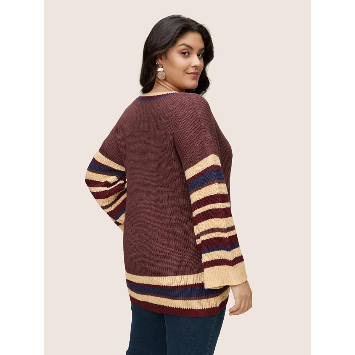 Plus Size Striped Contrast Knit Drop Shoulder Pullover DarkBrown Women Casual Loose Long Sleeve V-neck Dailywear Pullovers BloomChic 12/L Product Image