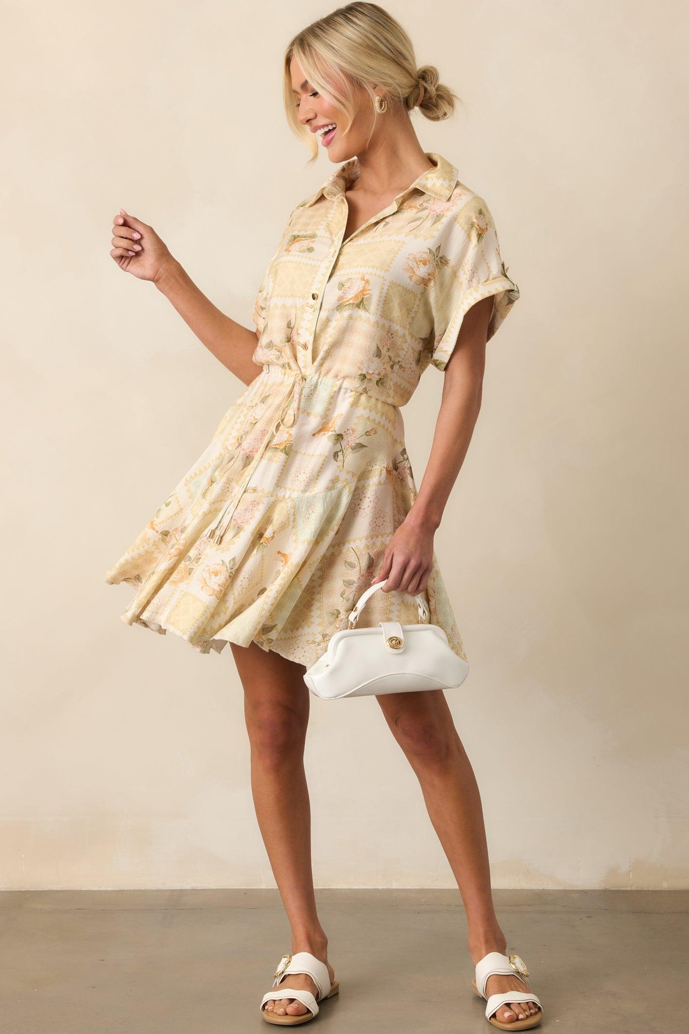 Made Me Smile Yellow Floral Patchwork Mini Dress Product Image