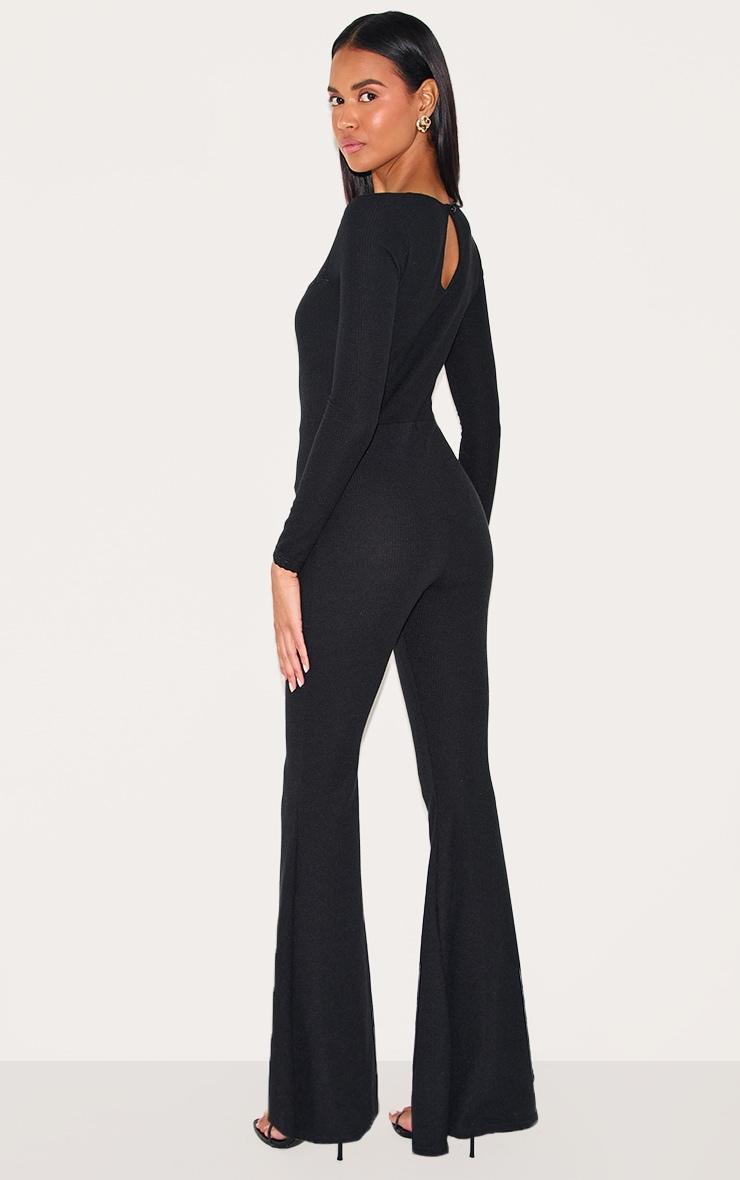 Black Ribbed Lace Trim Long Sleeve Flared Leg Jumpsuit Product Image