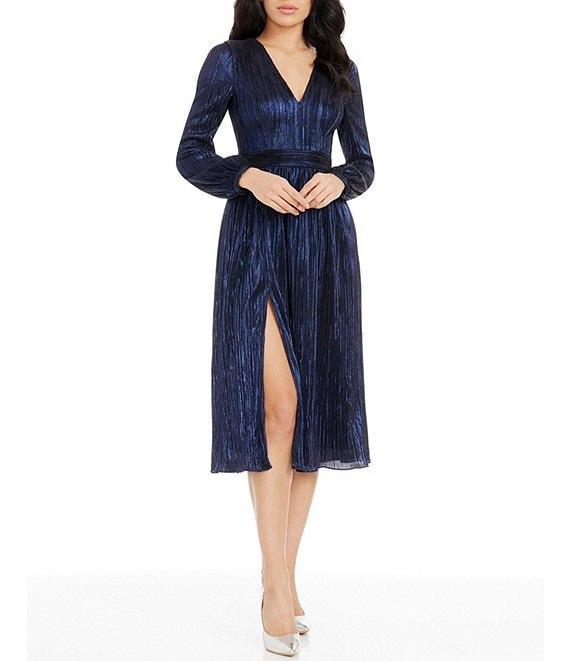 Dress the Population Holly Metallic V-Neck Long Bishop Sleeve Pleated Midi Dress Product Image