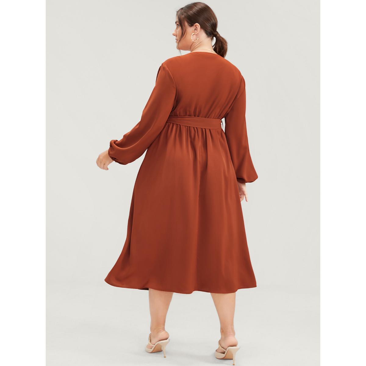 Plus Size Plain Lantern Sleeve Pocket Button Belted Split Front Wrap Dress Chocolate Women Office Button V-neck Long Sleeve Curvy Midi Dress BloomChic 22-24/3X Product Image