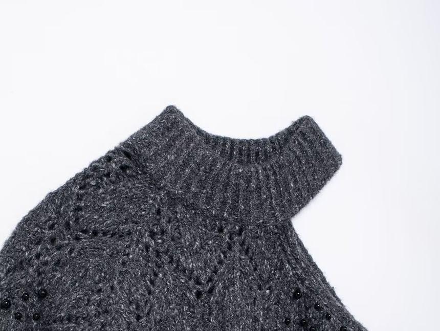 Mock Neck Cold-Shoulder Melange Beaded Sweater Product Image