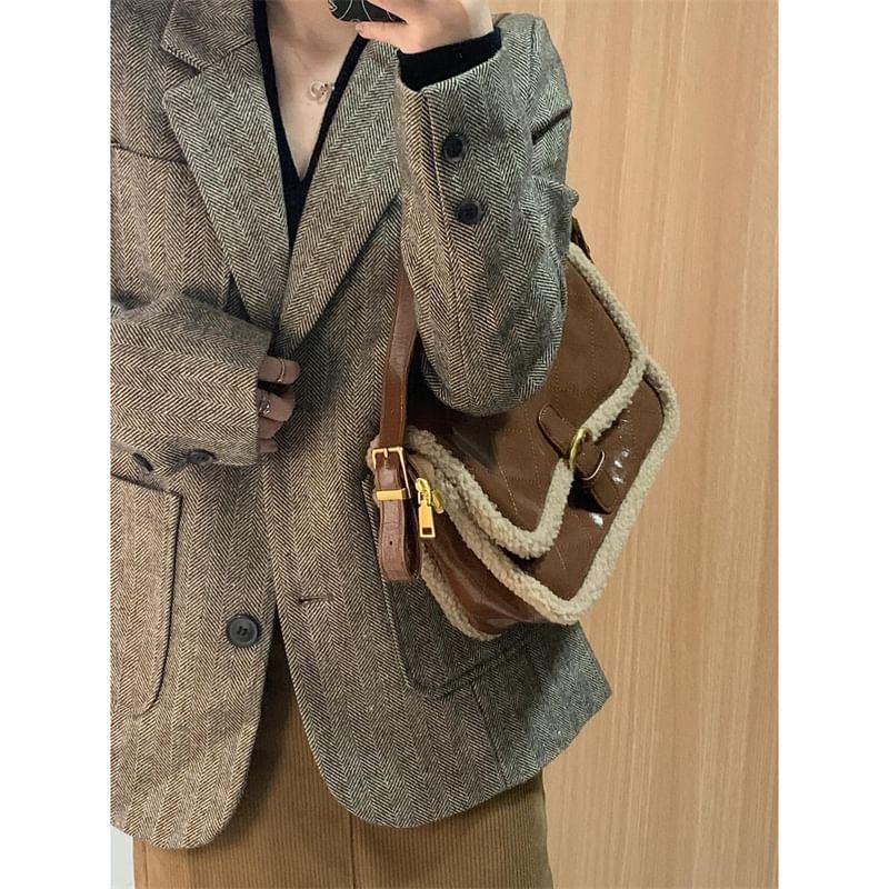 Fleece Trim Buckled Faux Leather Shoulder Bag Product Image