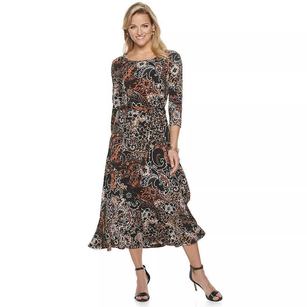Women's Nina Leonard Belted 3/4 Sleeve Print Midi Dress, Size: Medium, Black Rust Team Swirl Product Image