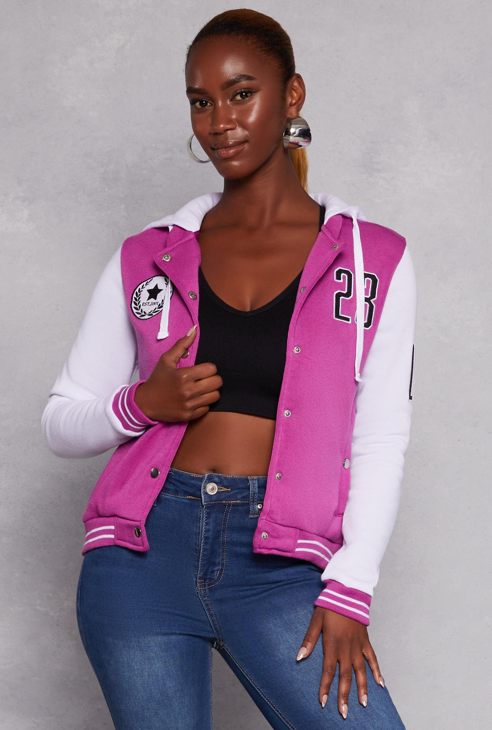 Womens 23 LA Graphic Patch Hooded Baseball Jacket Product Image