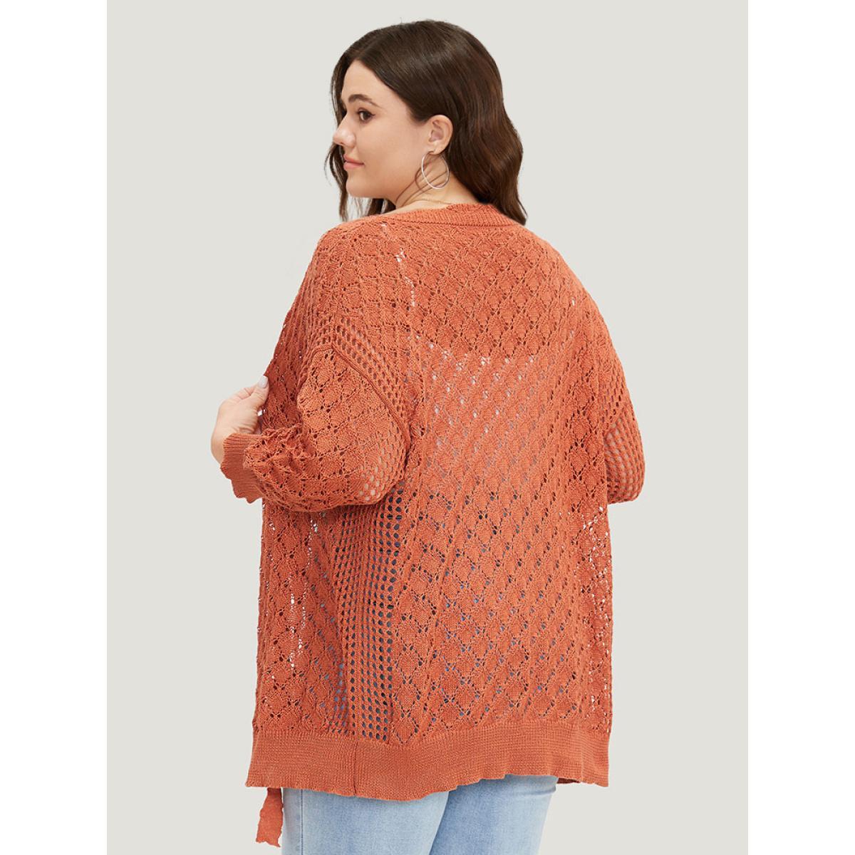 Plus Size Solid Hollow Out Ties Front Elastic Cuffs Cardigan Chocolate Women Casual Loose Elbow-length sleeve Dailywear Cardigans BloomChic 28/5X Product Image