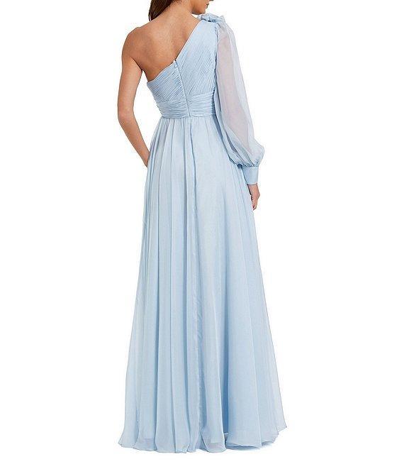Mac Duggal Rosette Chiffon One Shoulder Neck Blouson Sleeve 3D Flower A-Line Gown Product Image