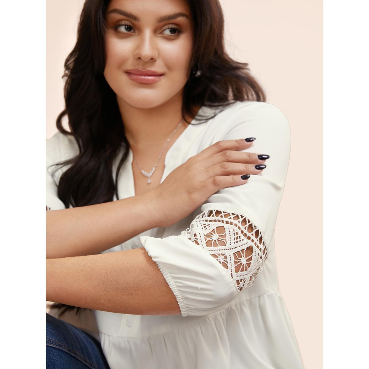 Plus Size WhiteSmoke Notched Patchwork Cut Out Lantern Sleeve Blouse Women At the Office Elbow-length sleeve Flat collar with V-notch Work Blouses BloomChic 10/M Product Image