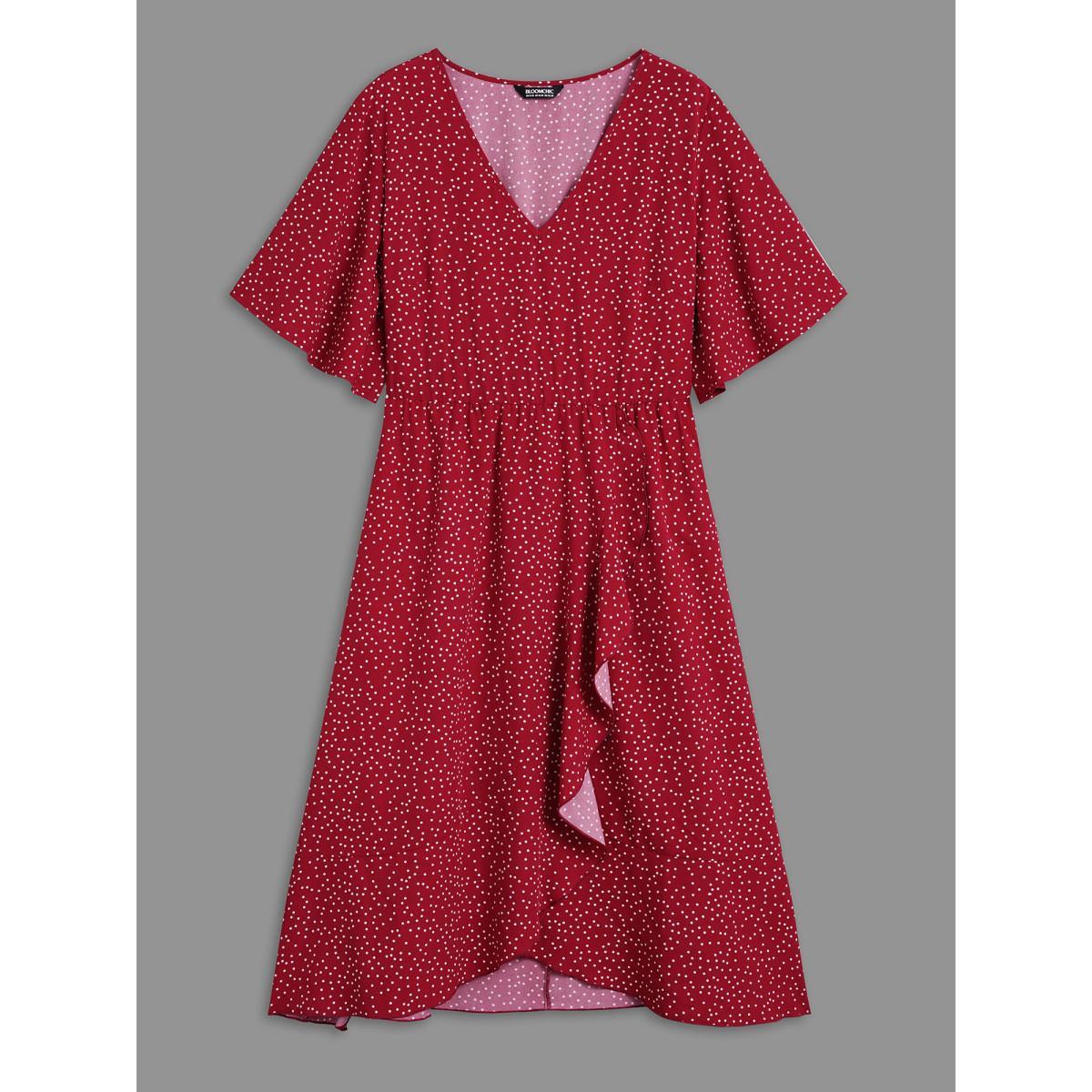 Plus Size V Neck Polka Dot Ruffle Trim Dress Scarlet Women Elegant Overlapping V-neck Half Sleeve Curvy BloomChic 12/L Product Image