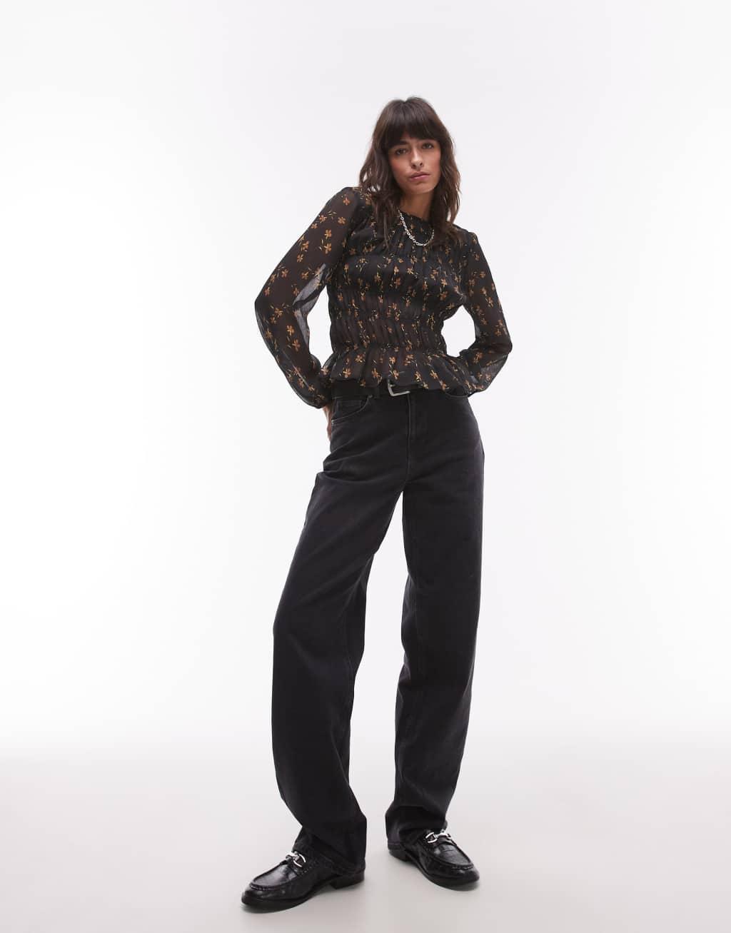 Topshop asymmetric shirred top in sheer black base ditsy Product Image