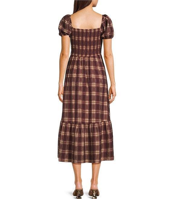Blu Pepper Plaid Printed Square Neck Short Sleeve Smocked Waist Midi Dress Product Image