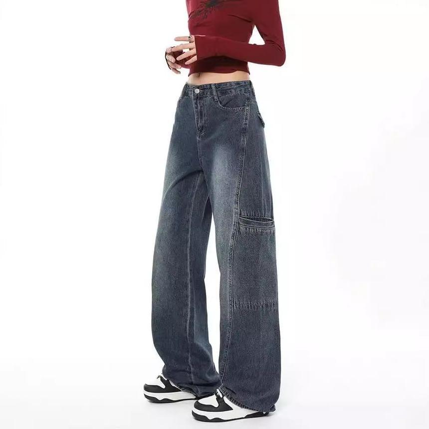 Low Rise Washed Paneled Wide Leg Jeans Product Image