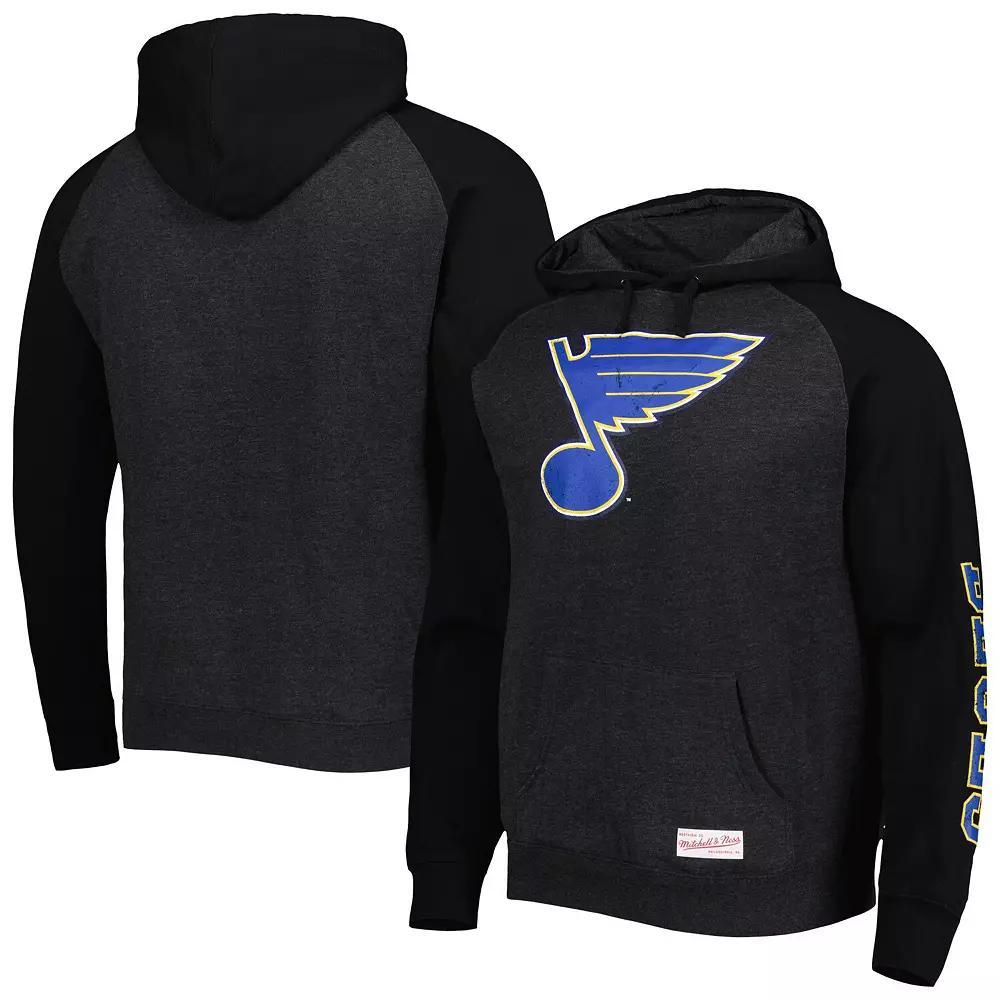 Men's Mitchell & Ness Heather Black St. Louis Blues Distressed Logo Raglan Pullover Hoodie, Size: Small, Charco Product Image