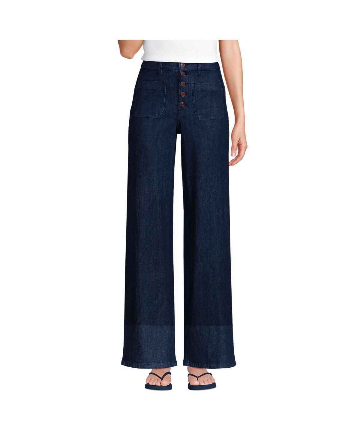 Lands' End Women's Denim High Rise Button Front Patch Pocket Wide Leg Jeans Product Image