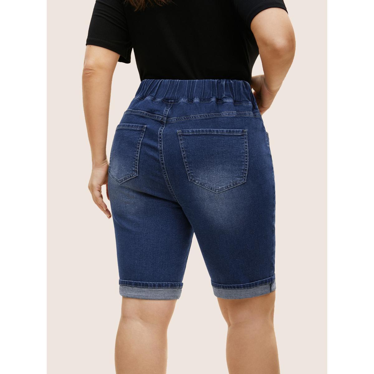 Plus Size Dark Wash Distressed Roll Hem Denim Shorts Women Denimindigo Roll Hem High stretch Everyday Slanted pocket Casual Denim Shorts BloomChic 12/L Product Image