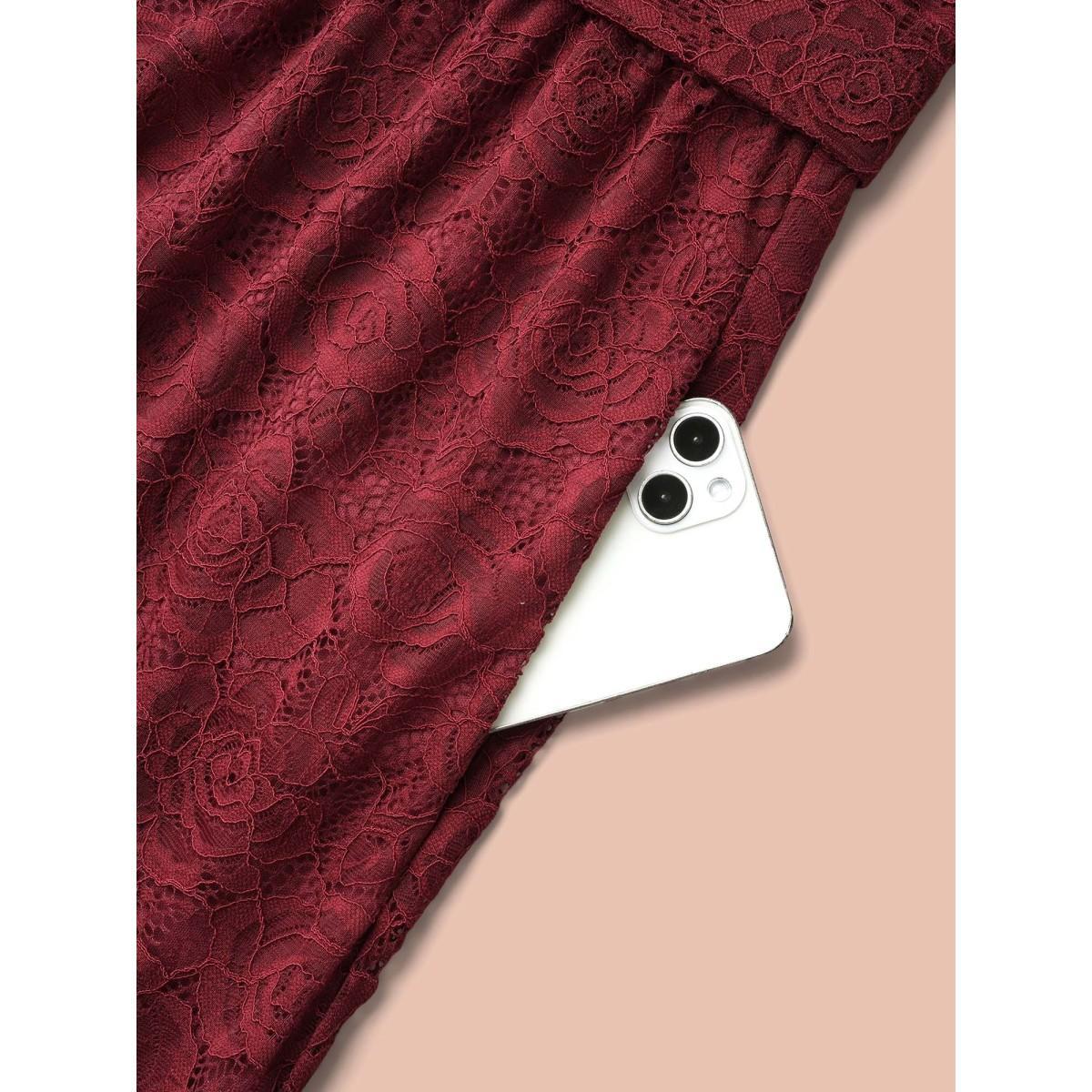 Plus Size Crochet Lace Mesh Surplice Neck Belted Dress Burgundy Women Elegant Texture Party Curvy Bloomchic 14-16/1X Product Image