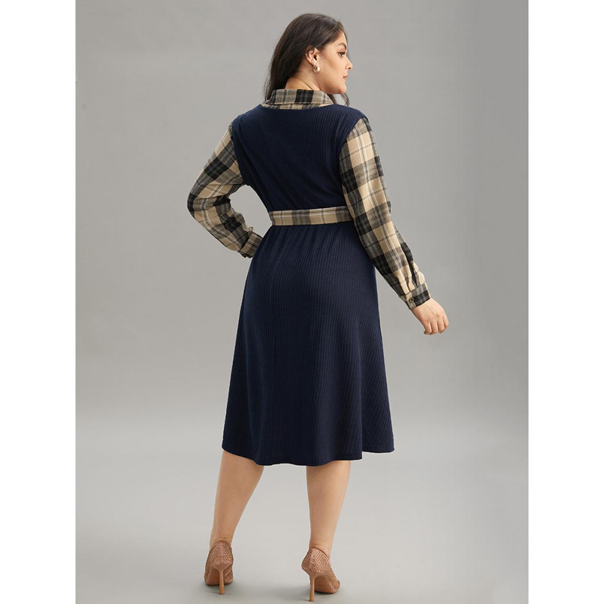 Plus Size Plaid Patchwork Rib Knit Shirt Collar Belted Dress Indigo Women Office Printed Shirt collar Long Sleeve Curvy Midi Dress BloomChic 22-24/3X Product Image