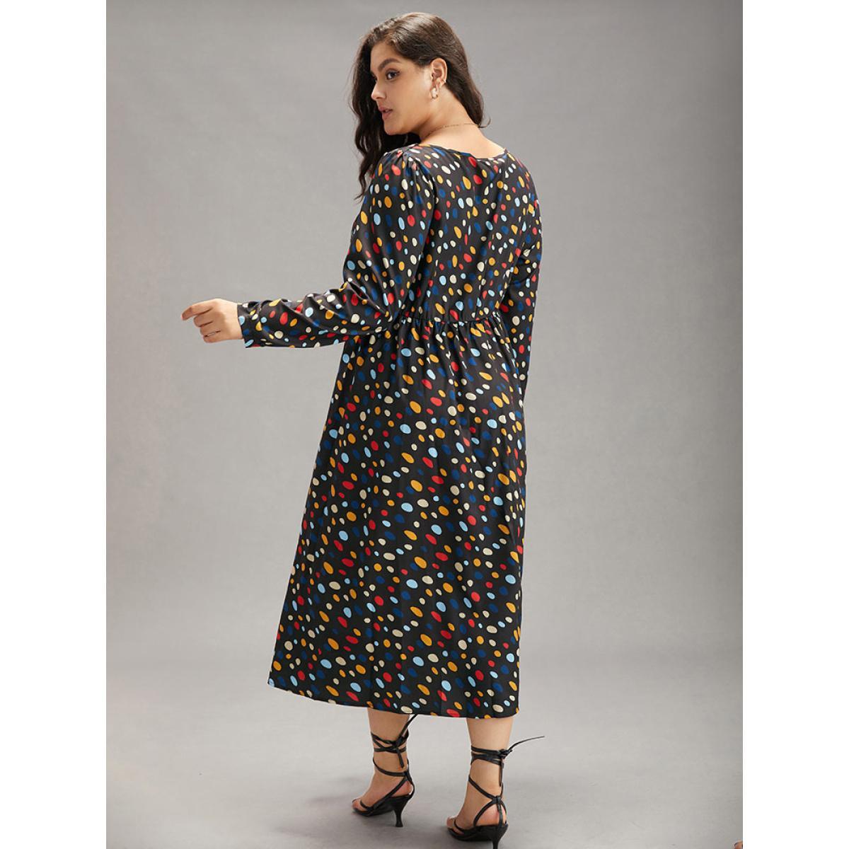 Plus Size Contrast Polka Dot Pocket Long Sleeve Dress Black Women Elegant Printed Square Neck Long Sleeve Curvy Midi Dress BloomChic 30/6X Product Image