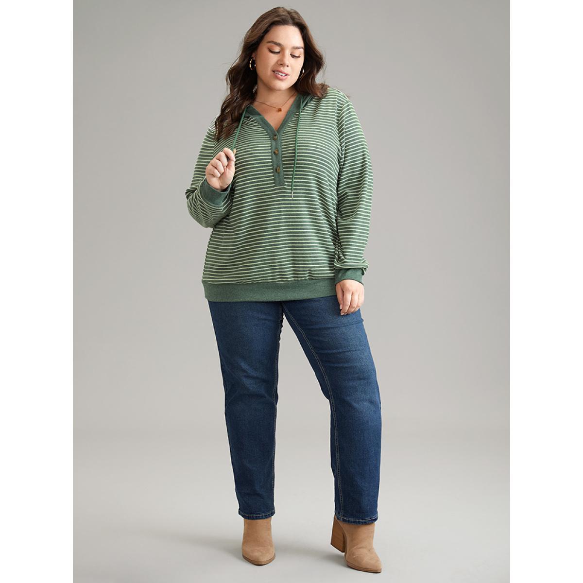 Plus Size Striped Hooded Drawstring Button Up Fluffy Sweatshirt Women Green Elegant Button Hooded Dailywear Sweatshirts BloomChic 22-24/3X Product Image