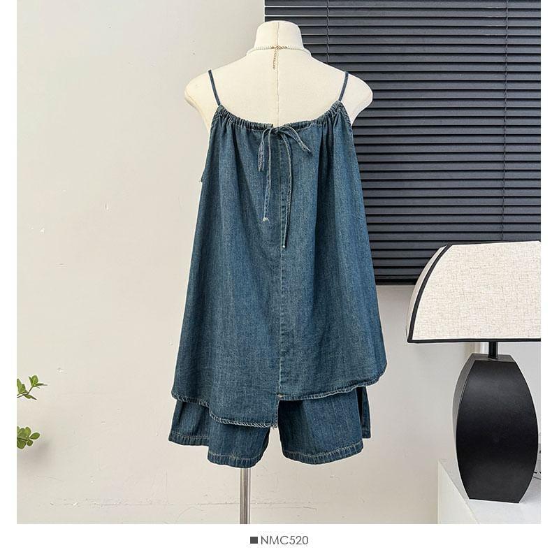 Set: Tie-Back Asymmetrical Denim Top + High-Waist Denim Wide Shorts Product Image