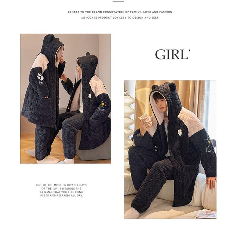 Couple Matching Pajama Set: Cartoon Patterned Hood Coral Fleece Button Jacket + Straight Leg Pants Product Image