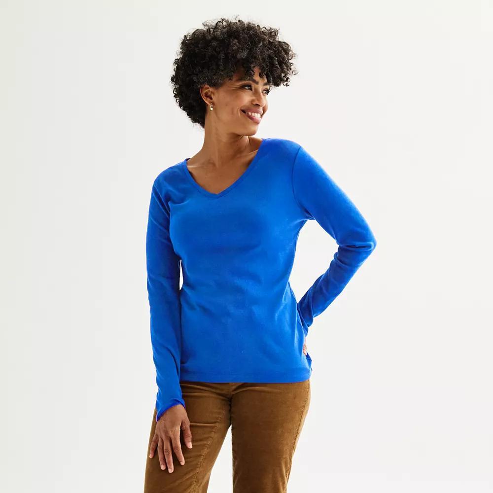 Petite Croft & Barrow® Essential Long-Sleeve V-Neck Top, Women's, Size: XS Petite, Wilder Blue Product Image