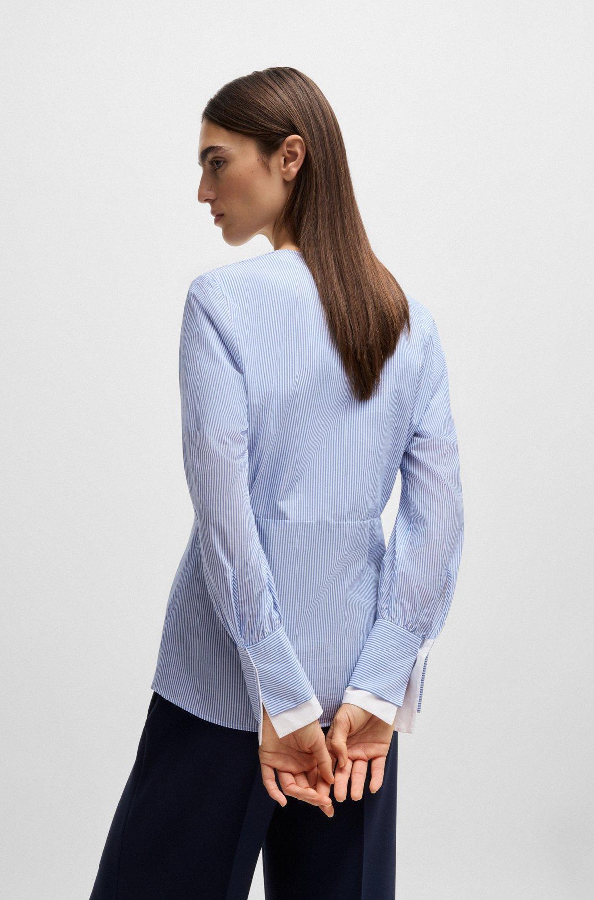 BOSS - Twist-front slim-fit blouse in striped cotton - Blue Product Image