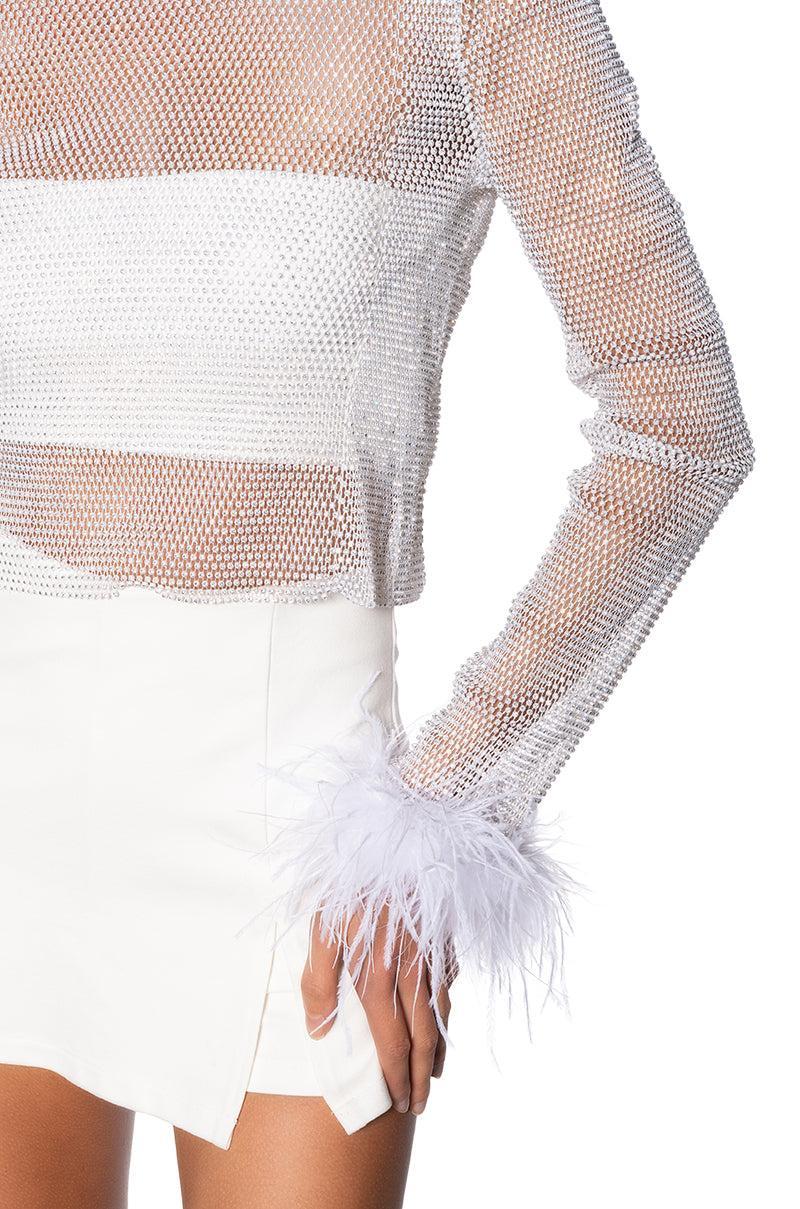 LONG SLEEVE FEATHER CUFF RHINESTONE TOP IN WHITE Product Image