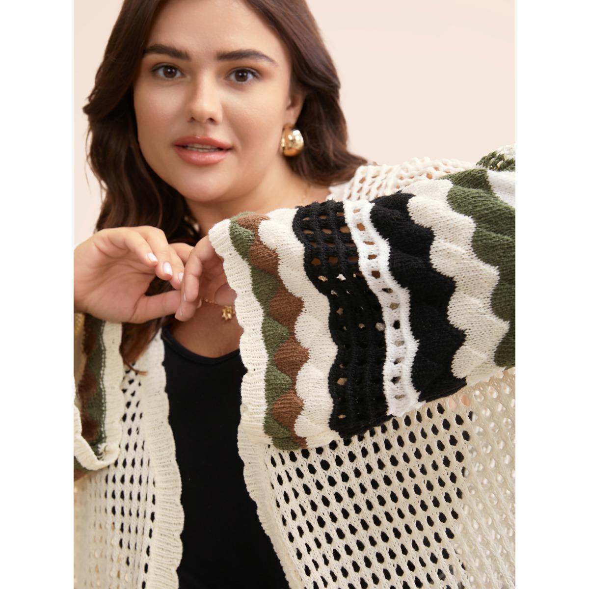 Plus Size Striped Cut Out Bell Sleeve Cardigan Beige Women Casual Loose Three Quater Length Sleeve Everyday Cardigans BloomChic 28/5X Product Image