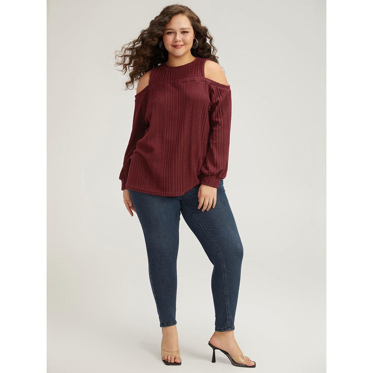 Plus Size Plain Rib Knit Elastic Cuffs Cold Shoulder Sweatshirt Women Scarlet Elegant Elastic cuffs Round Neck Dailywear Sweatshirts BloomChic 22-24/3X Product Image