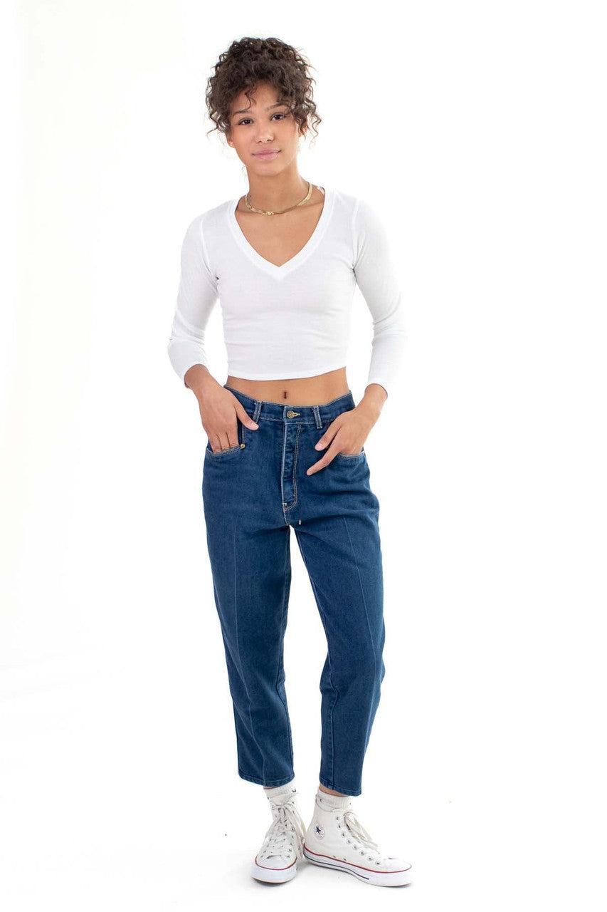 White Long Sleeve Ribbed V Neck Product Image
