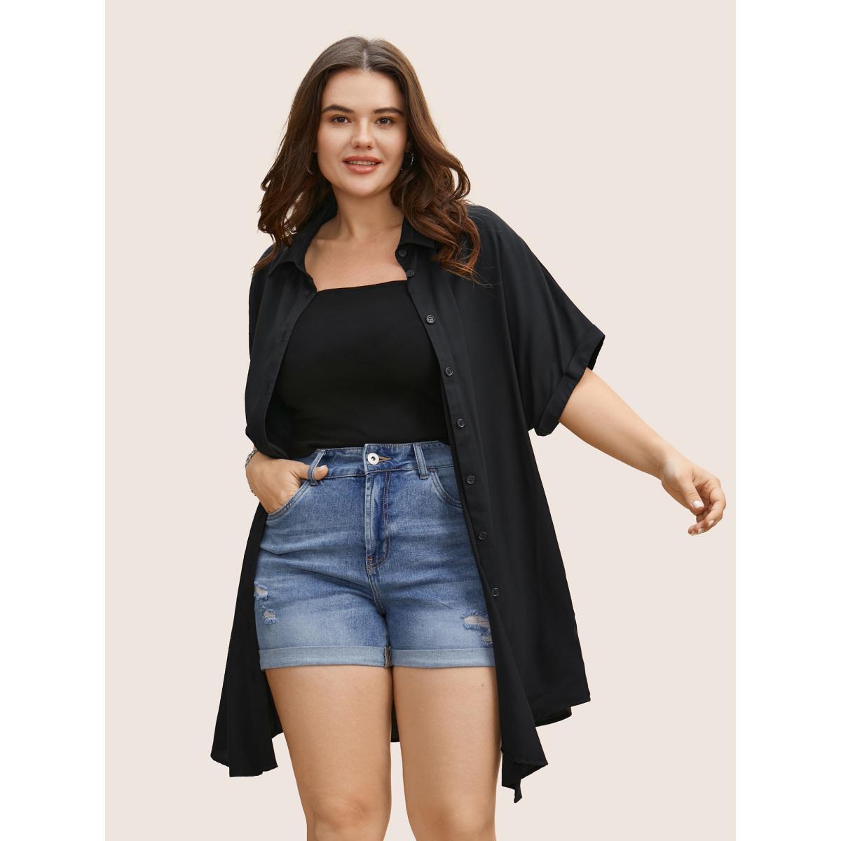 Plus Size Black Rayon Shirt Collar Cuffed Sleeve Pocket Blouse Women Casual Short sleeve Shirt collar Everyday Blouses BloomChic 30/6X Product Image