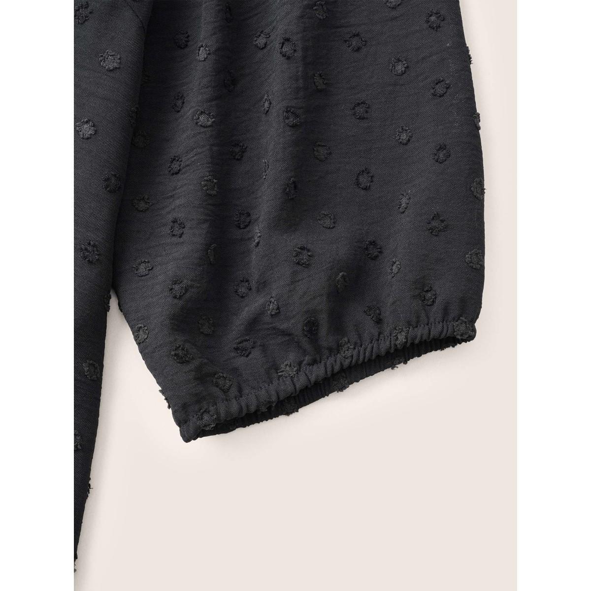 Plus Size Black Texture Drawstring Lantern Sleeve Arc Hem Blouse Women Casual Elbow-length sleeve V-neck Everyday Blouses BloomChic 12/L Product Image