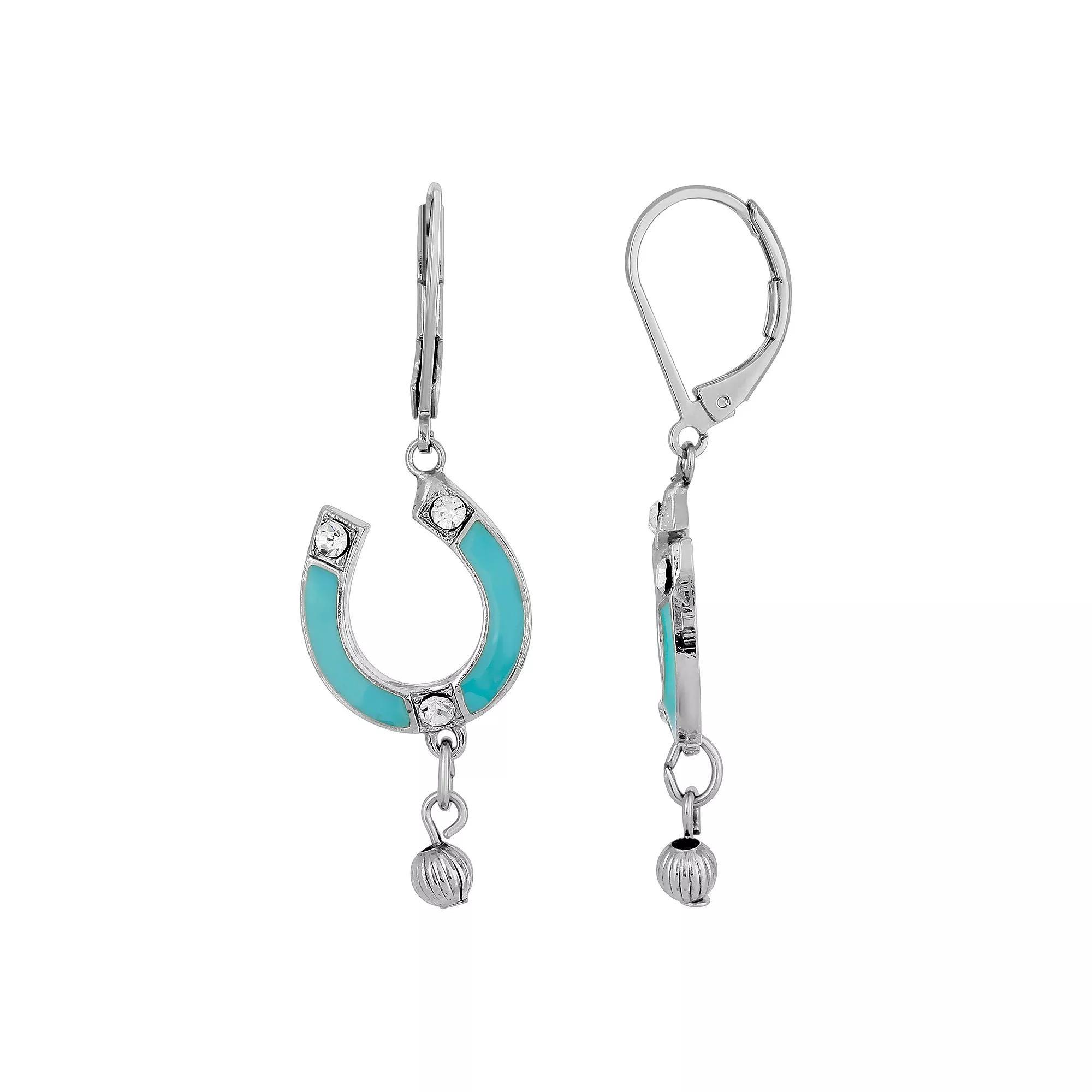 1928 Silver-Tone Turquoise Color Enamel with Crystal Accents Horsehoe Drop Earrings, Womens Product Image