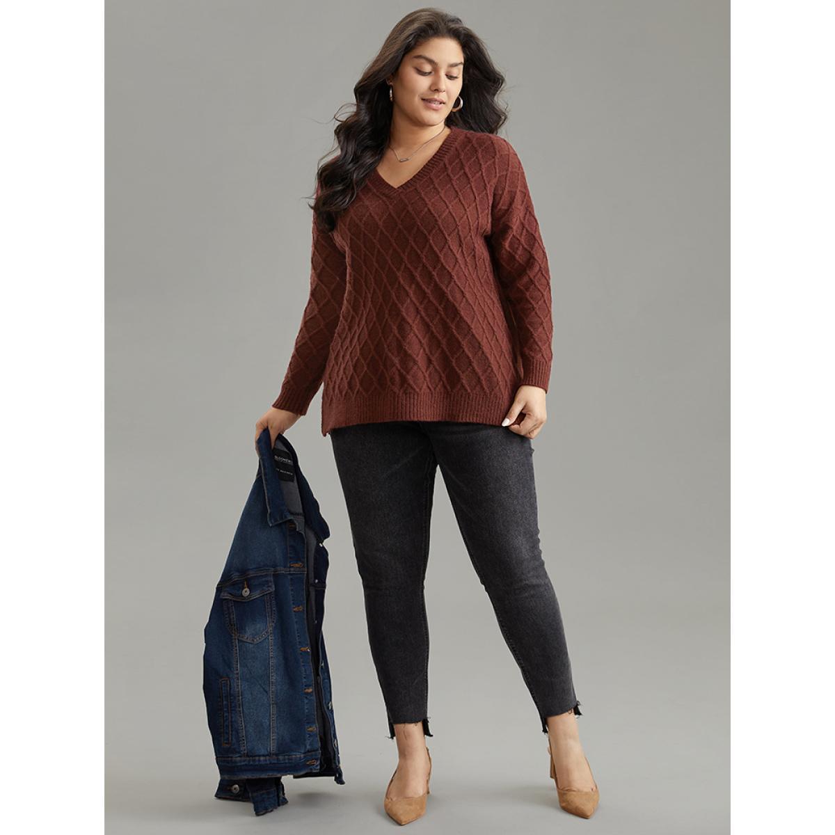 Plus Size Supersoft Essentials V Neck Solid Split Side Cable Knit Pullover Scarlet Women Casual Loose Long Sleeve V-neck Everyday Pullovers BloomChic 22-24/3X Product Image
