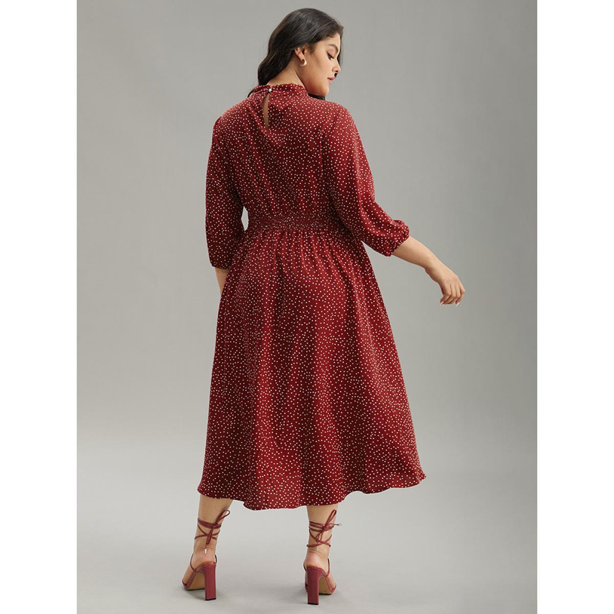 Plus Size Polka Dot Keyhole Pocket Mock Neck Dress Scarlet Women Elegant Elastic cuffs Mock Neck Elbow-length sleeve Curvy Midi Dress BloomChic 12/L Product Image