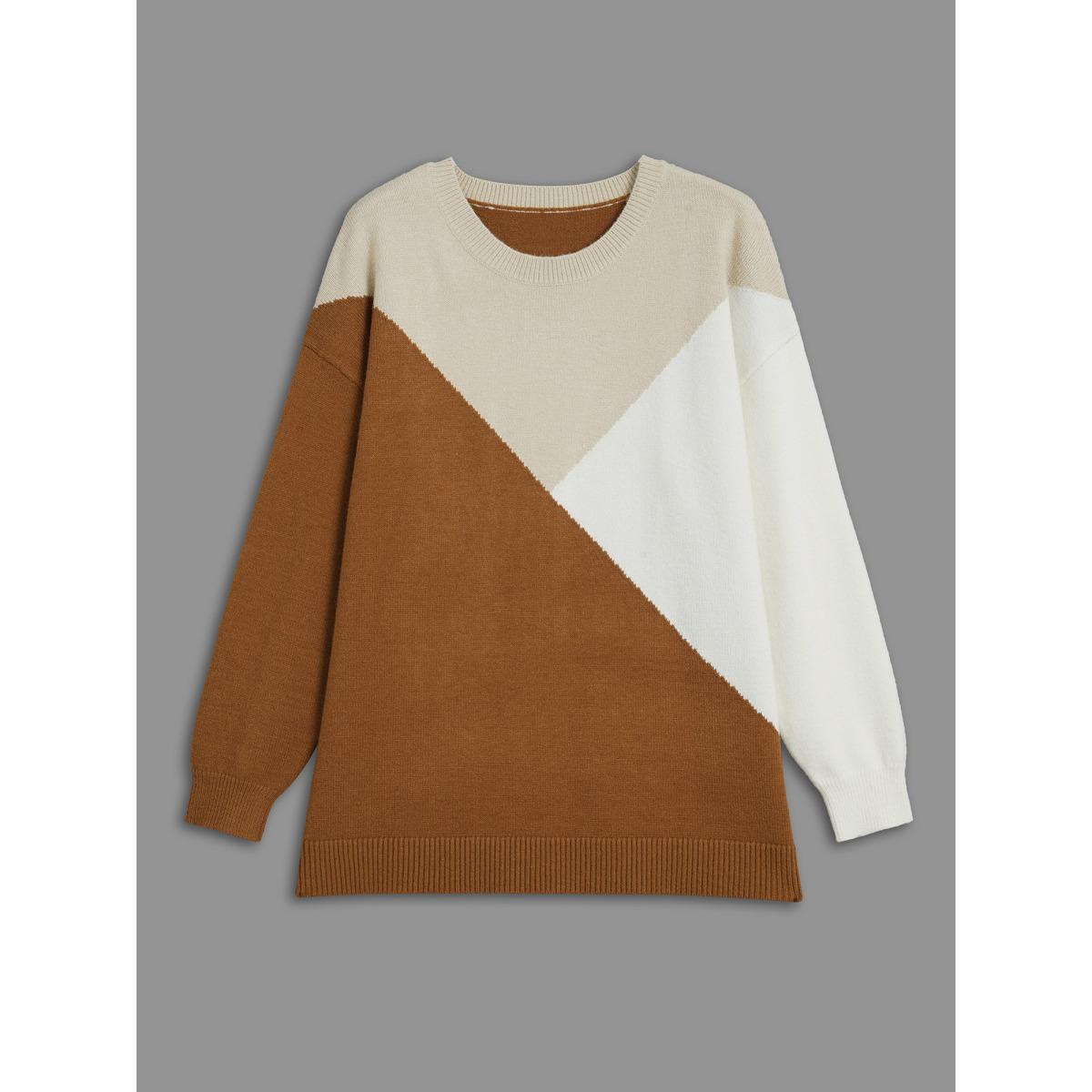 Plus Size Supersoft Essentials Color Block Crew Neck Pullover Yellowishbrown Women Casual Loose Long Sleeve Round Neck Everyday Pullovers BloomChic 14-16/1X Product Image