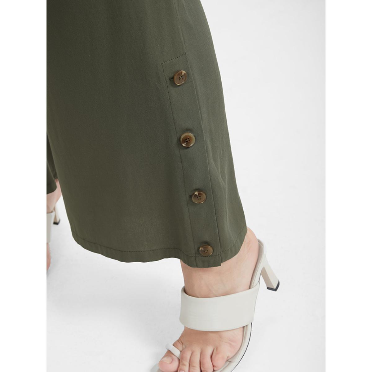 Plus Size Solid Button Elastic Waist Pocket Loose Pants Women ArmyGreen Elegant High Rise Dailywear Pants BloomChic 12/L Product Image