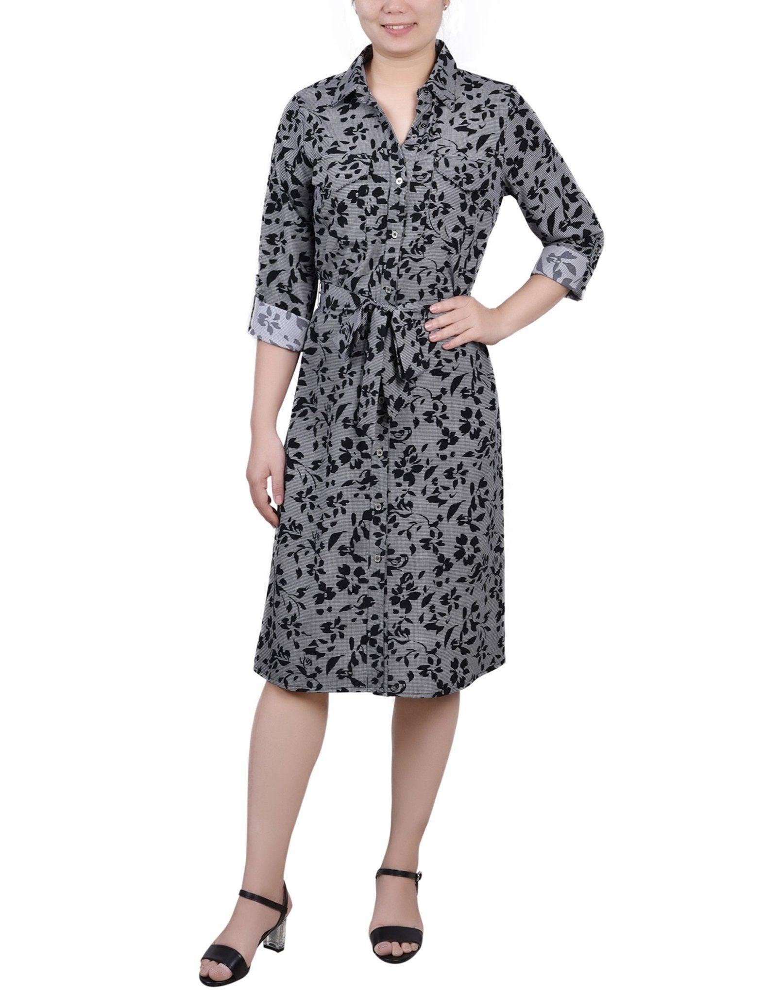 Cypress Inca Gold Navy Zigzag 3/4 Roll Tab Sleeve Belted Shirtdress - Petite Product Image