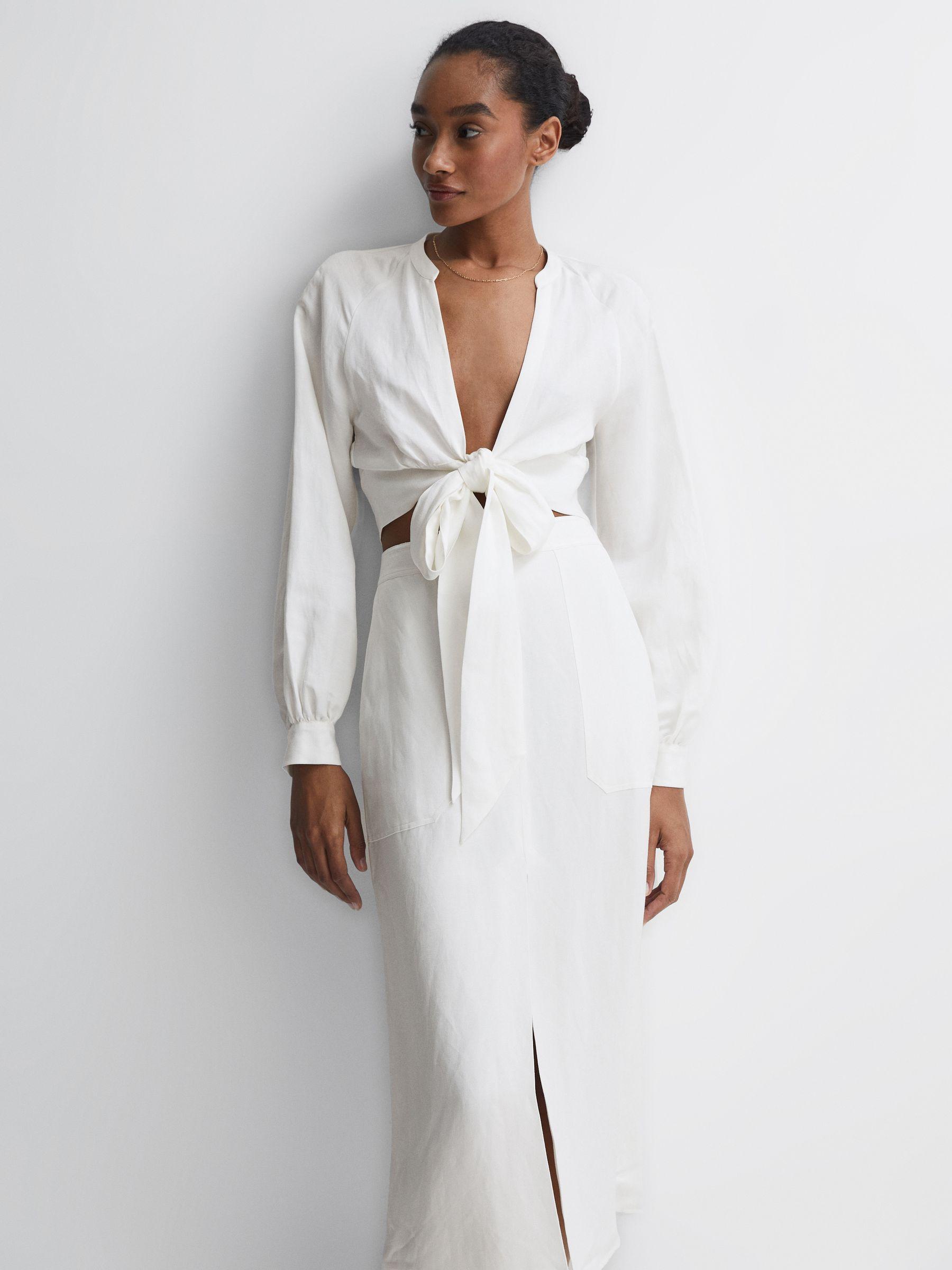 Linen High Rise Skirt in White Product Image