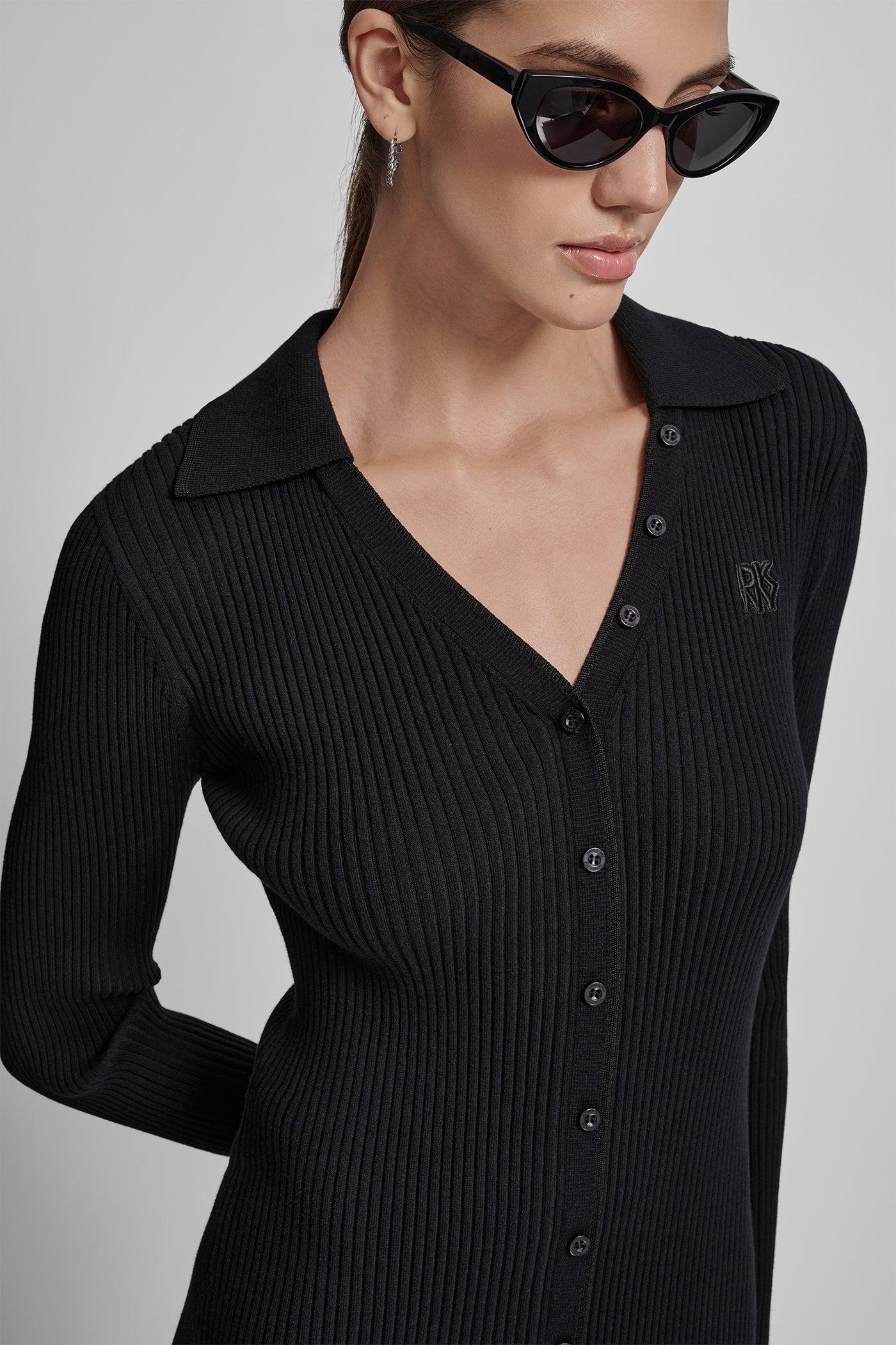 LONG SLEEVE RIB POLO MIDI DRESS WITH BRIGHT RAYON Product Image