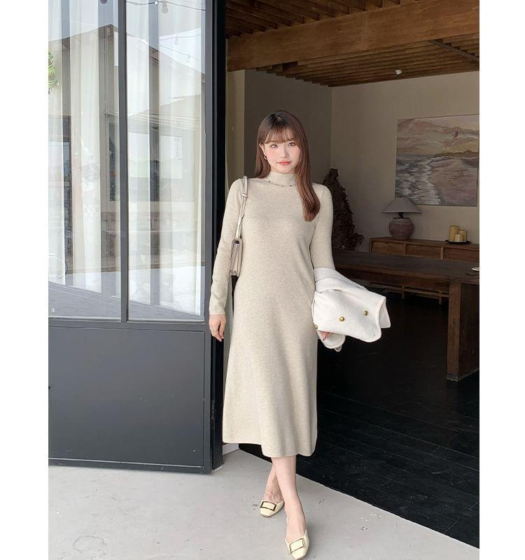 Long Sleeve Mock Neck Plain Knit Midi A-Line Dress Product Image