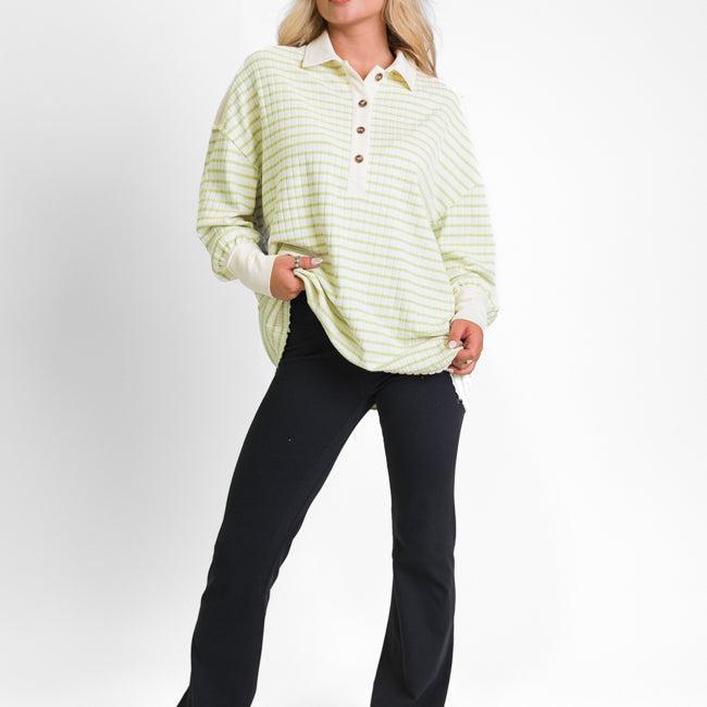 This Is The Life Lime Striped Collared Henley Oversized Knit Top FINAL SALE Product Image