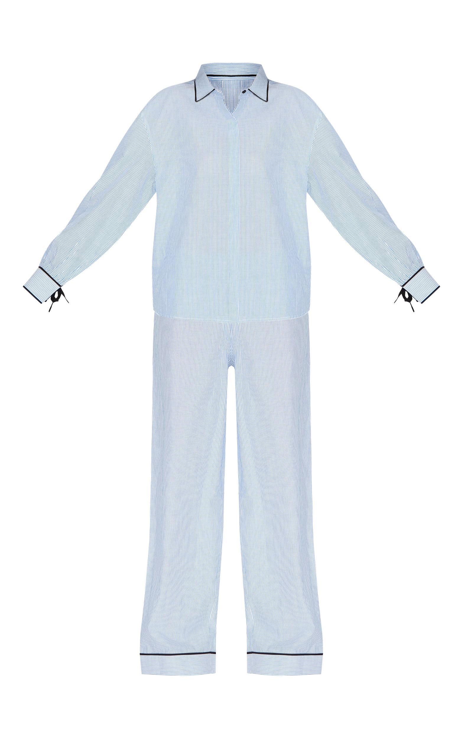 Blue Stripe Contrast Piping Tie Detail Long Pj Set Product Image