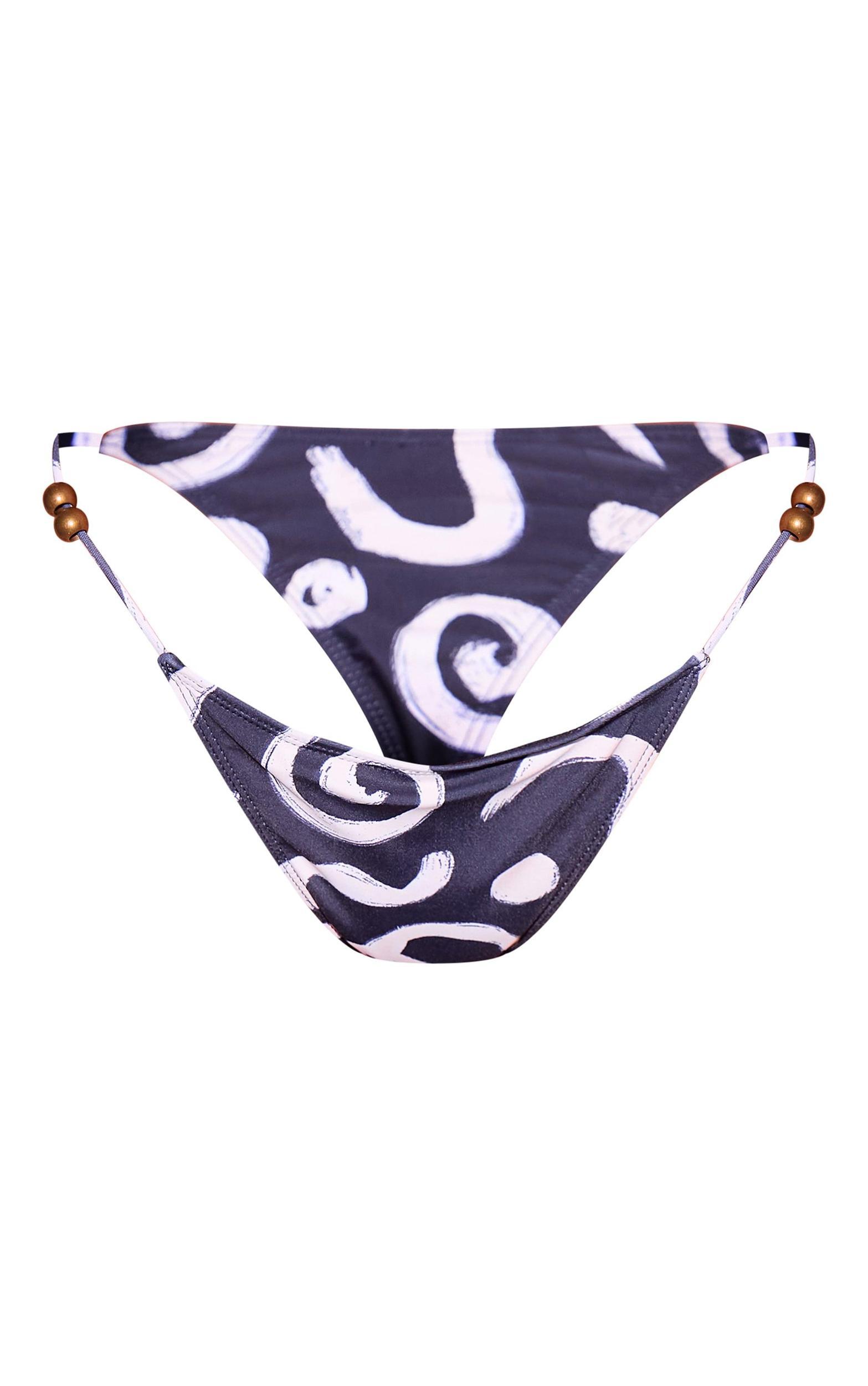 Black Swirl Print Bead Detail Bikini Bottoms Product Image