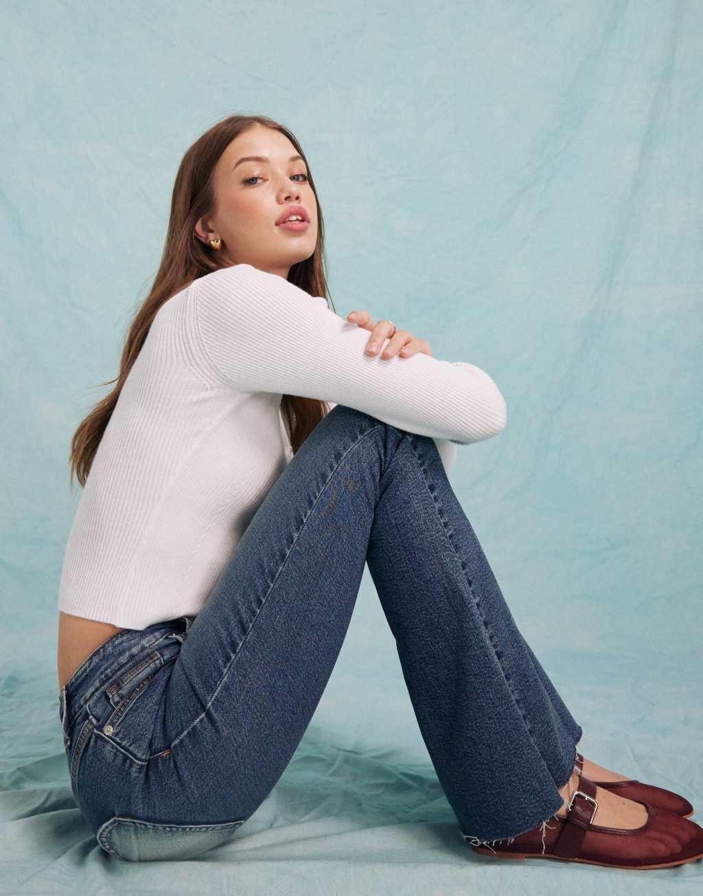 Miss Selfridge heart pocket flare jean in indigo wash | ASOS Product Image