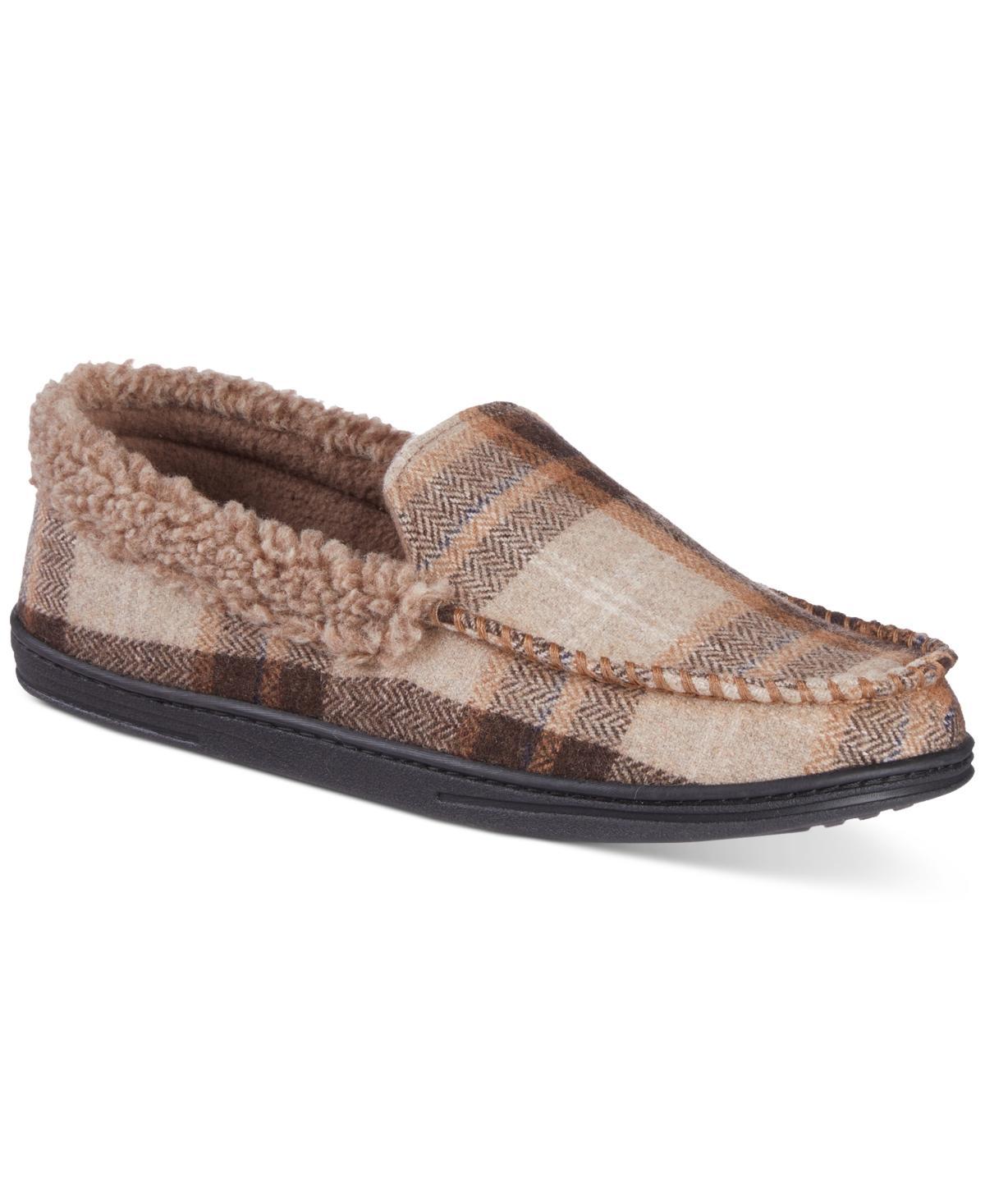 Isotoner Mens Brushed Knit or Plaid Lewis Moccasin Slipper with Fleece Lining and Memory Foam - Dark Choco/ Product Image