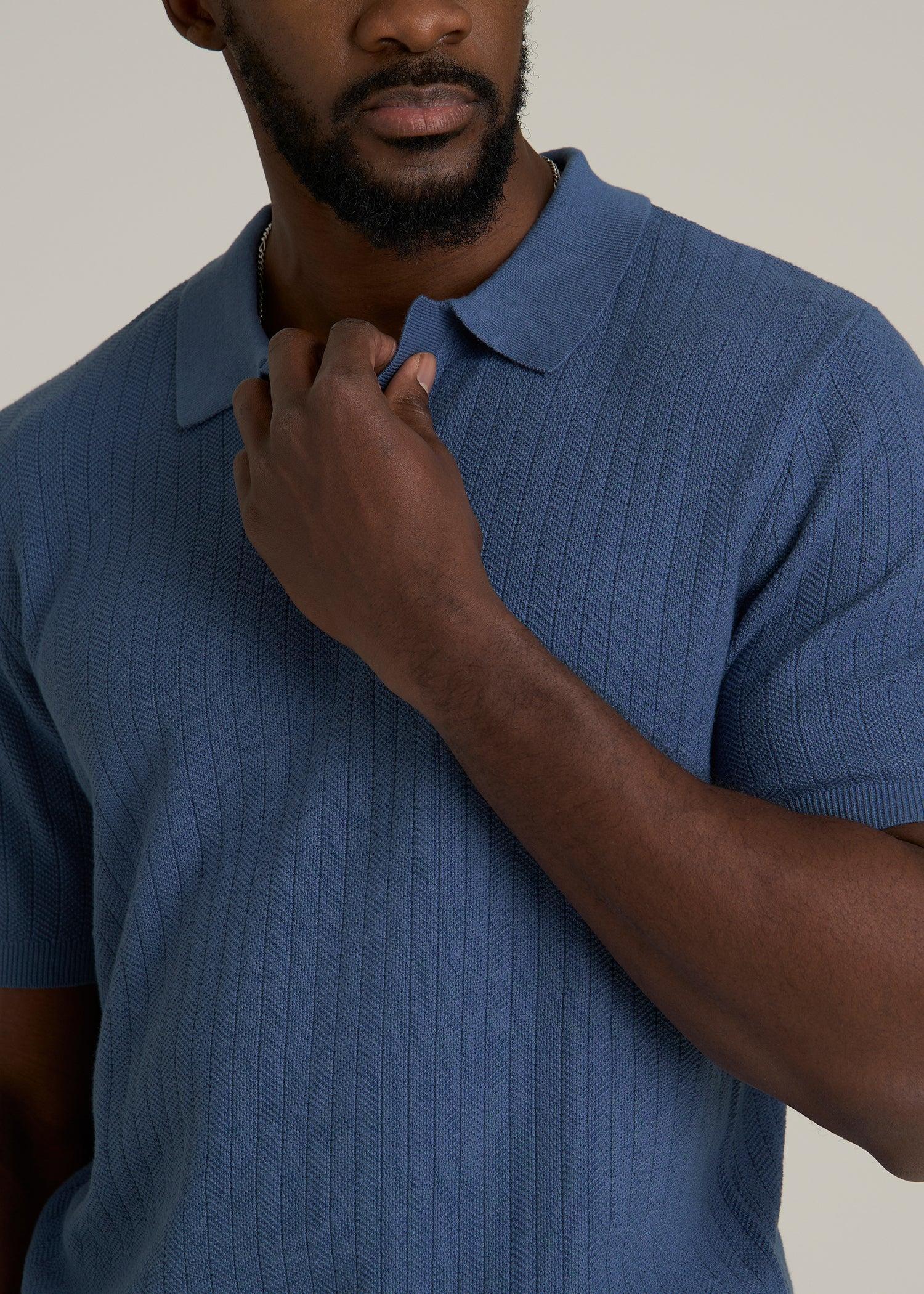 Linen Blend Ribbed Knit Polo Shirt for Tall Men in Steel Blue Product Image