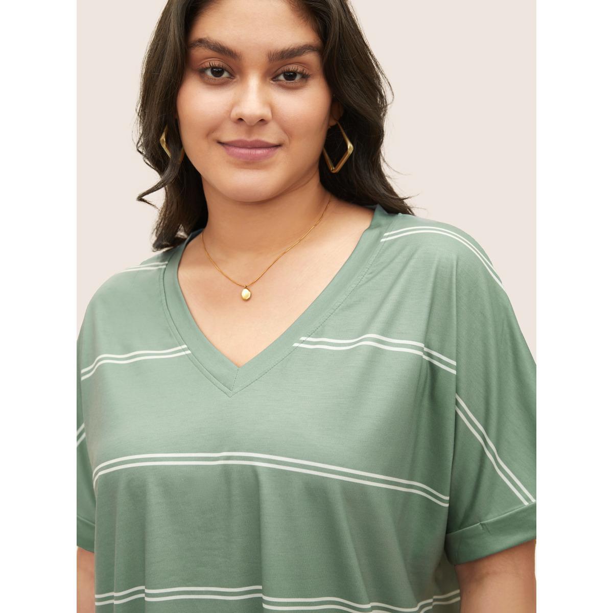 Plus Size Striped Contrast Dolman Sleeve T-shirt Mint Women Casual Striped V-neck Everyday T-shirts BloomChic 14-16/1X Product Image