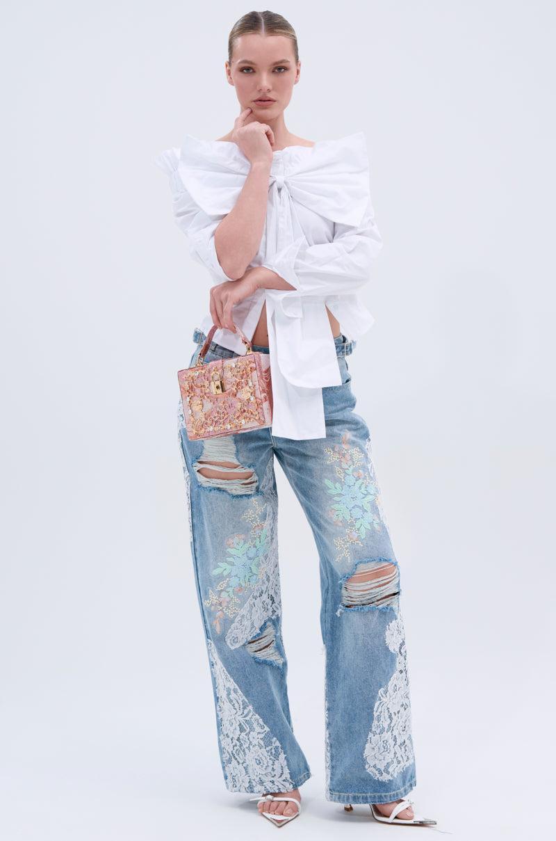 PICKING PETALS FLORAL AND LACE DETAIL DENIM PANTS Product Image